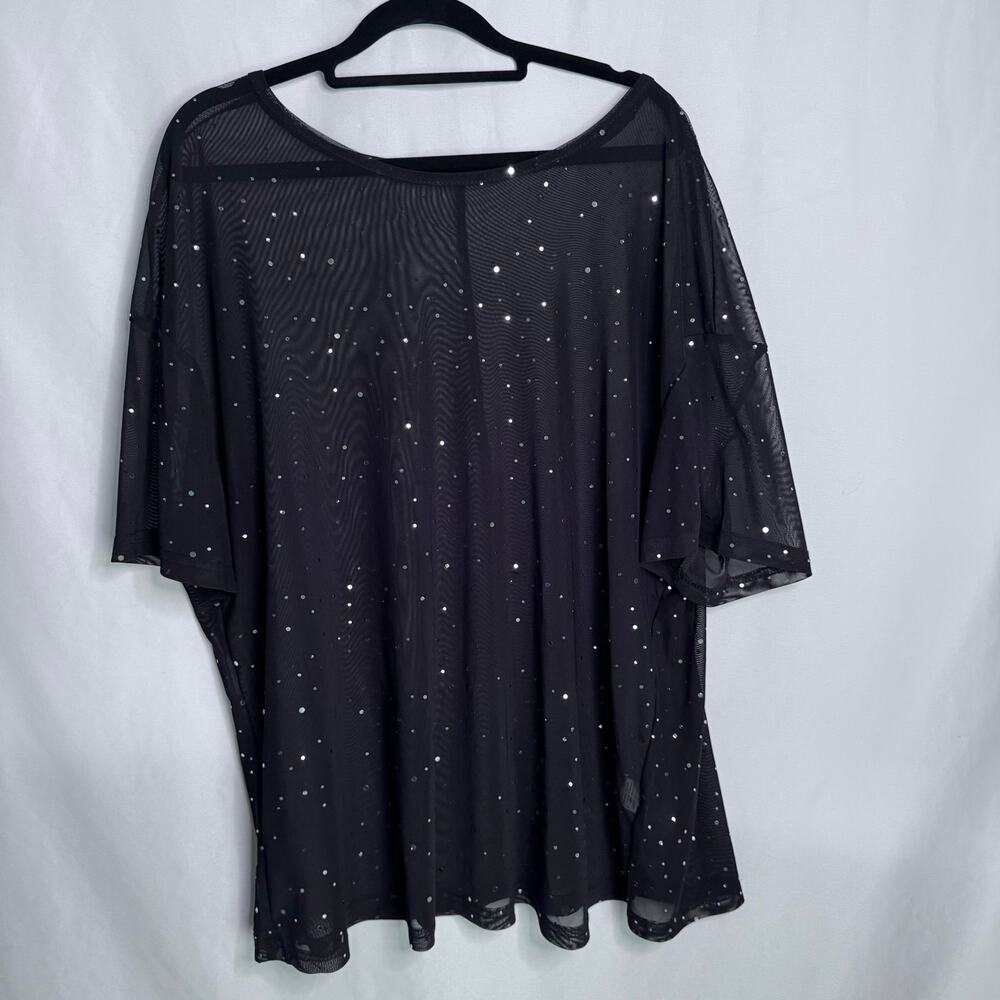 Black Sheer Mesh Rhinestone Festival Top Plus Short Sleeve Oversized Blouse 1XL